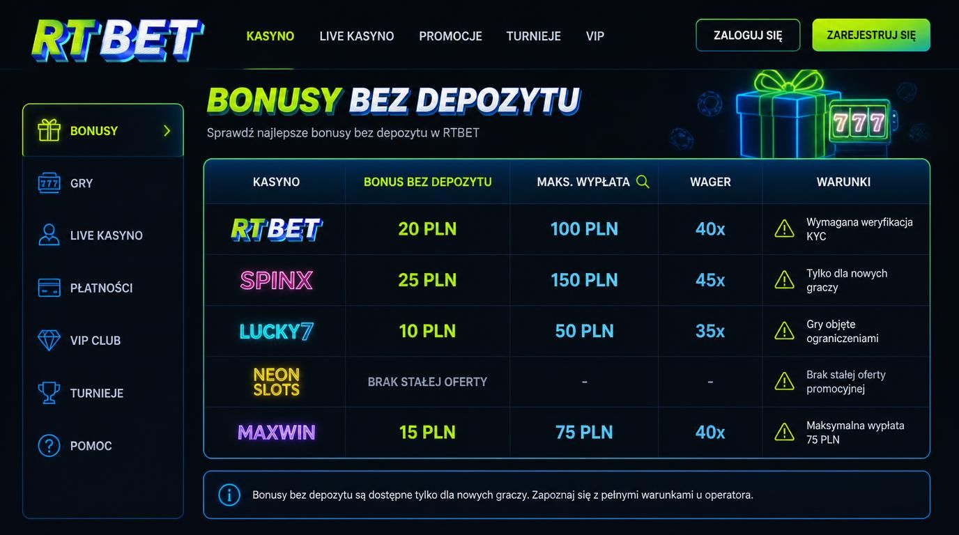tabela bonusu bez depozytu, maksymalne wypłaty, brak stałej oferty, warunki