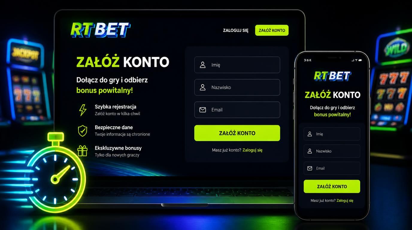 Formularz rejestracji RTbet widoczny na ekranie komputera i telefonu