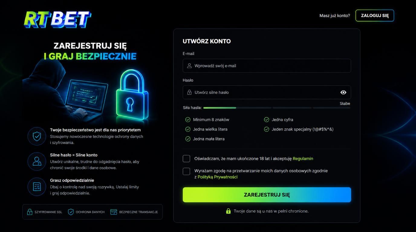 Silne hasło, zabezpieczenia i akceptacja warunków w RTbet