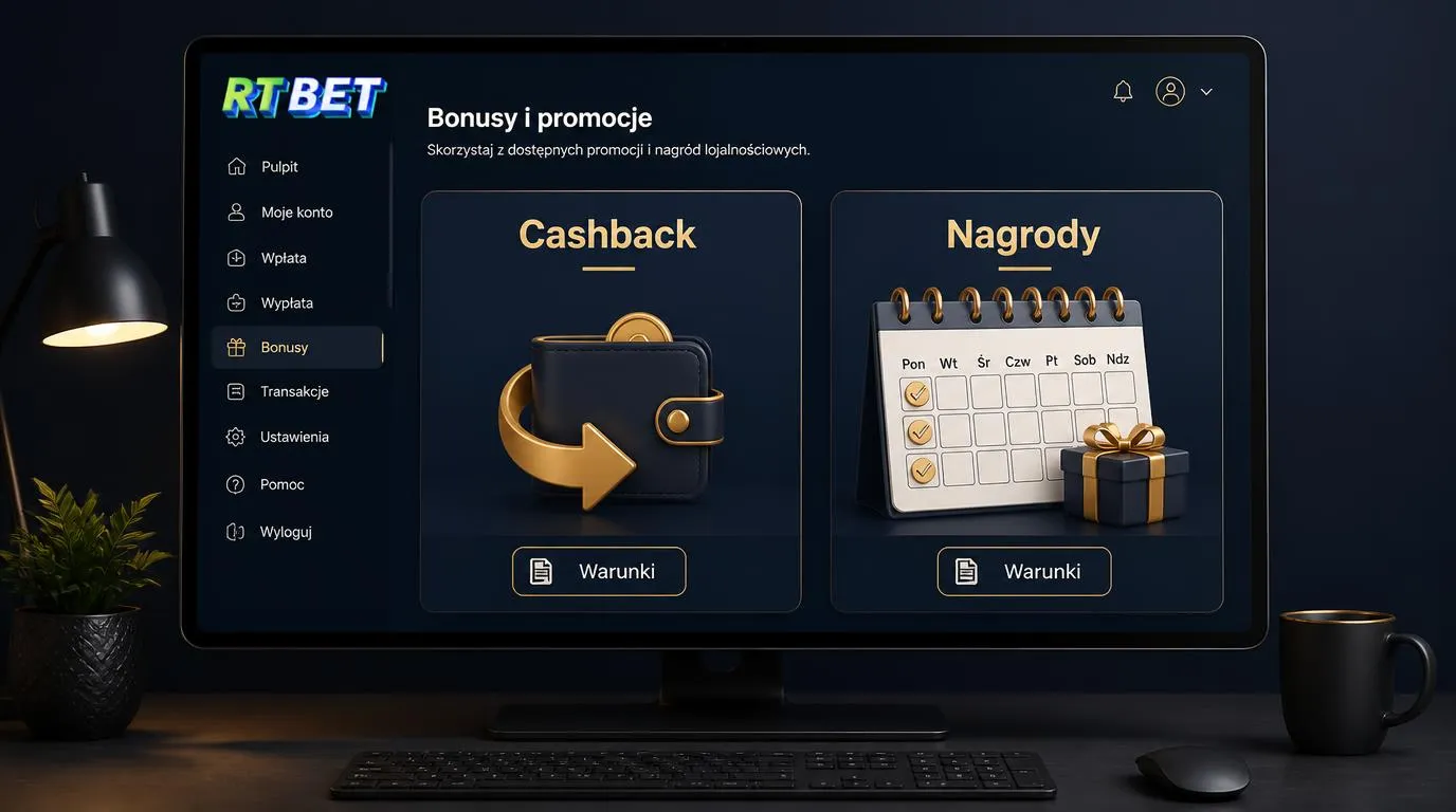 Panel promocji kasynowych z kartą cashbacku, kalendarzem nagród tygodniowych i przyciskiem warunków