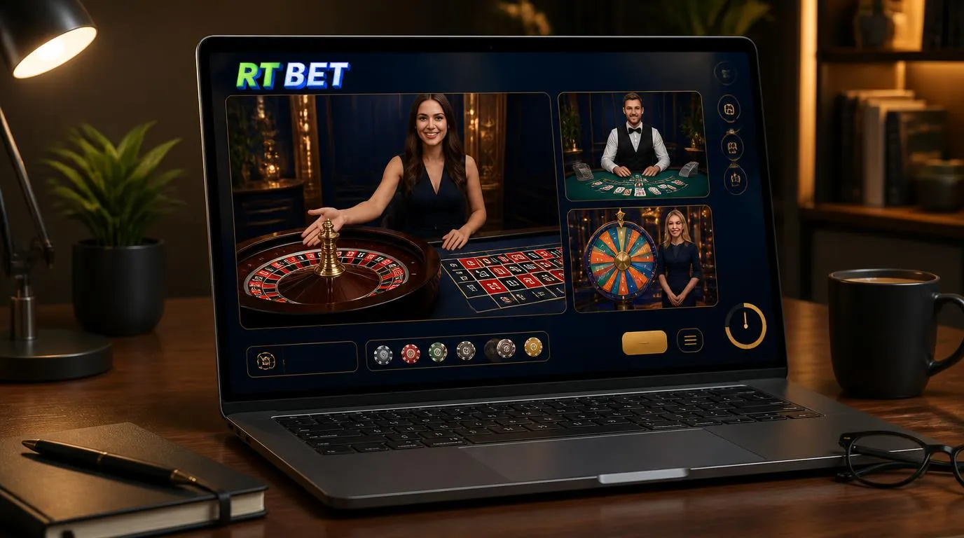 Krupier przy stole ruletki i ekran kasyna live z podglądem blackjacka oraz teleturnieju