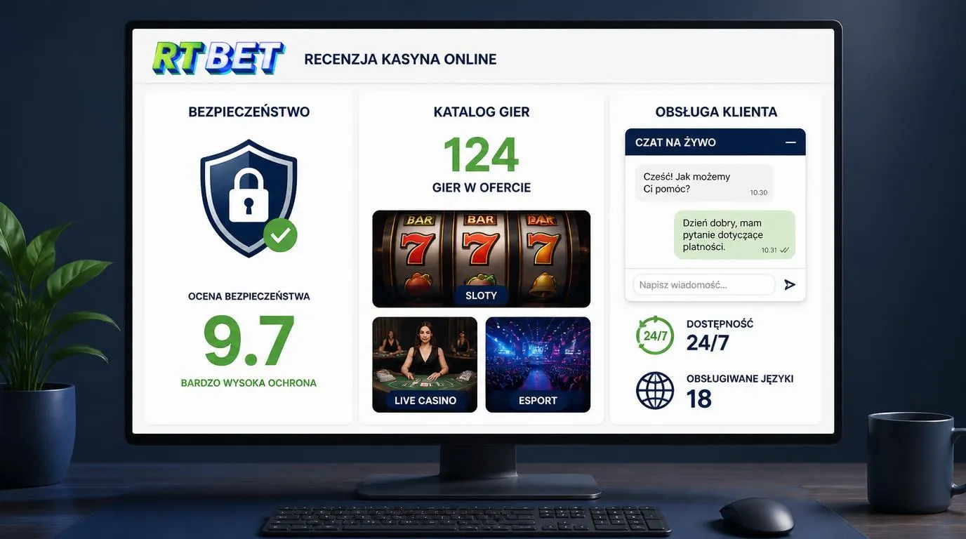 Panel kasyna z oceną bezpieczeństwa 9.7, ofertą 124 dostawców i czatem dostępnym całodobowo w 18 językach